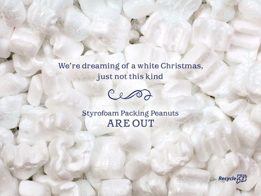 Picture of styrofoam packing peanuts with the words "Styrofoam packing peanuts are out"