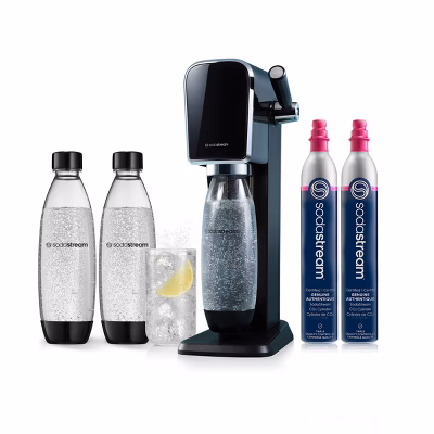 Photo of a soda stream machine with five refillable soda stream bottles.